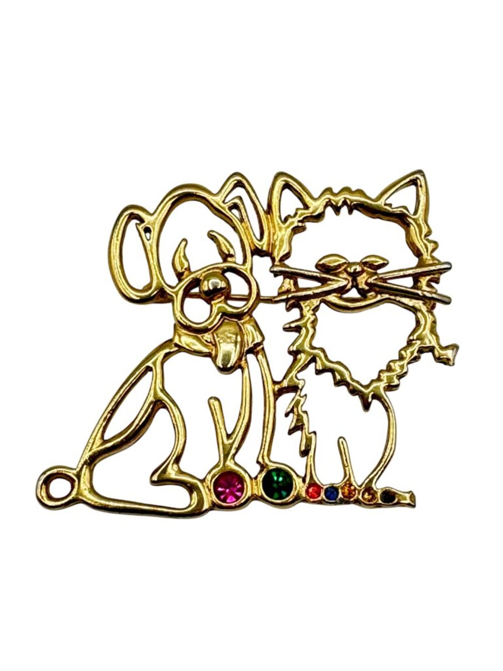 Vintage Stylized Dog and Cat Brooch Openwork Gold Tone Large Modernist 2.5"